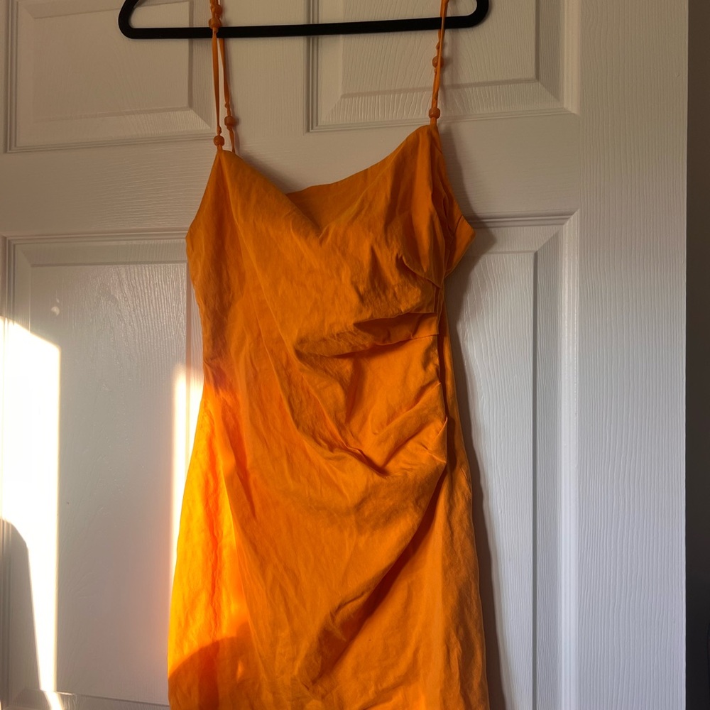 Zara Orange Asymmetrical Ruched Mini Dress